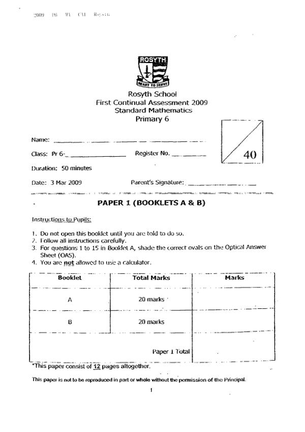 Rosyth P6 Math WA1 2009 exam paper PDF preview