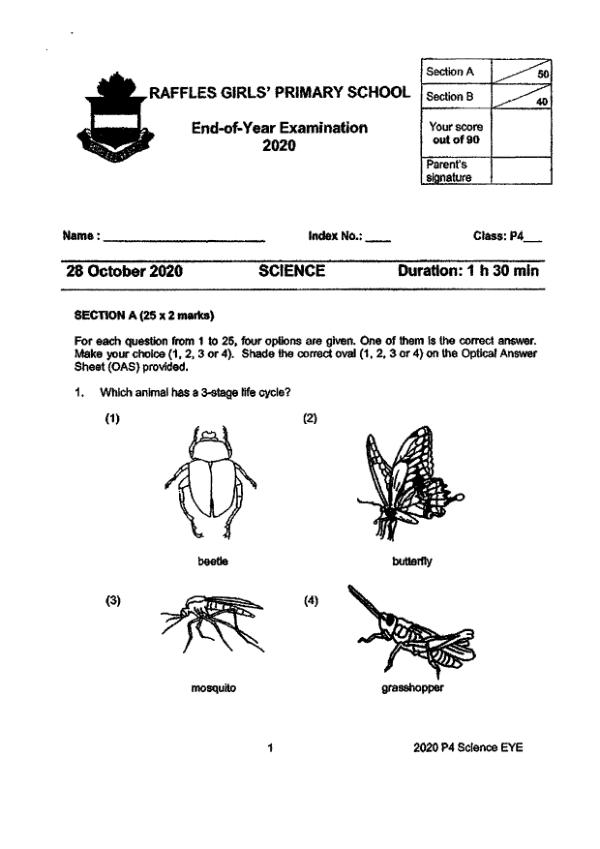 Raffles Girls P4 Sci SA2 2020 exam paper PDF preview