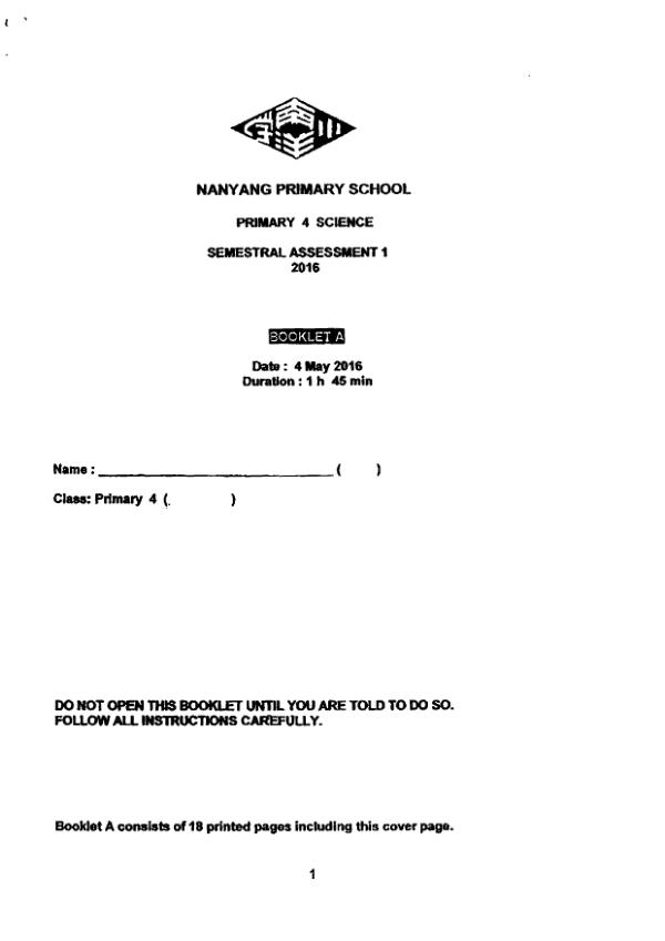Nanyang P4 Sci WA2 2016 exam paper PDF first page preview