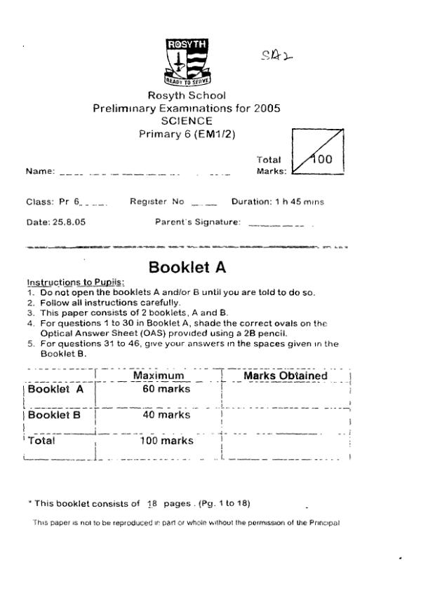 Rosyth P6 Sci SA2 2005 exam paper PDF preview
