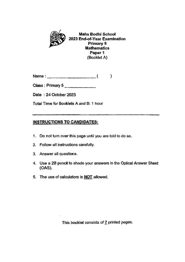 First page preview of P5 Math 2023 SA2 — Maha Bodhi