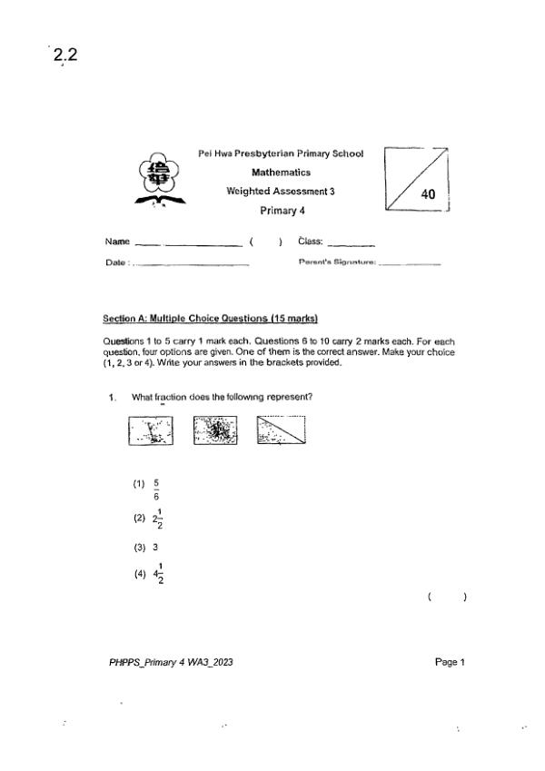 First page preview of P4 Math 2023 WA3 — Pei Hwa