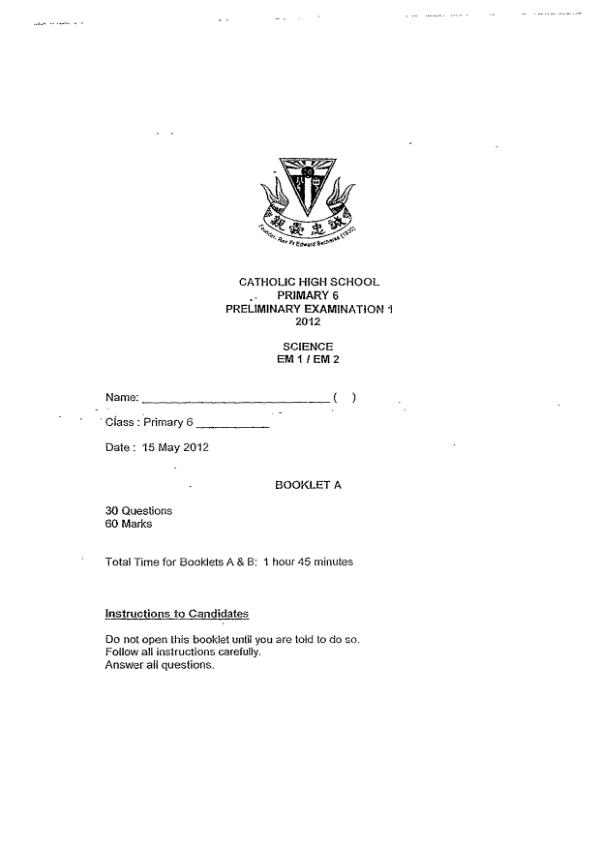 Catholic High P6 Sci SA2 2012 exam paper PDF first page preview