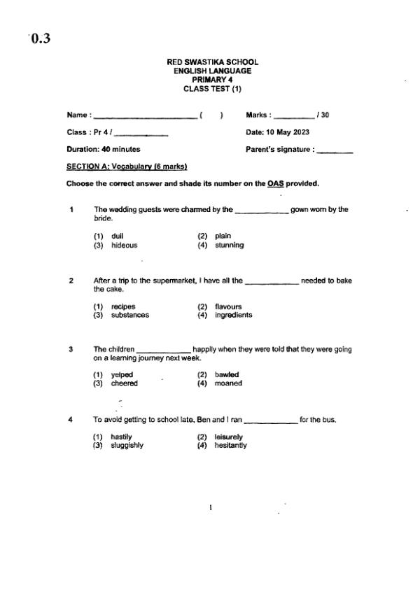 Red Swastika P4 Eng WA1 2023 exam paper PDF first page preview