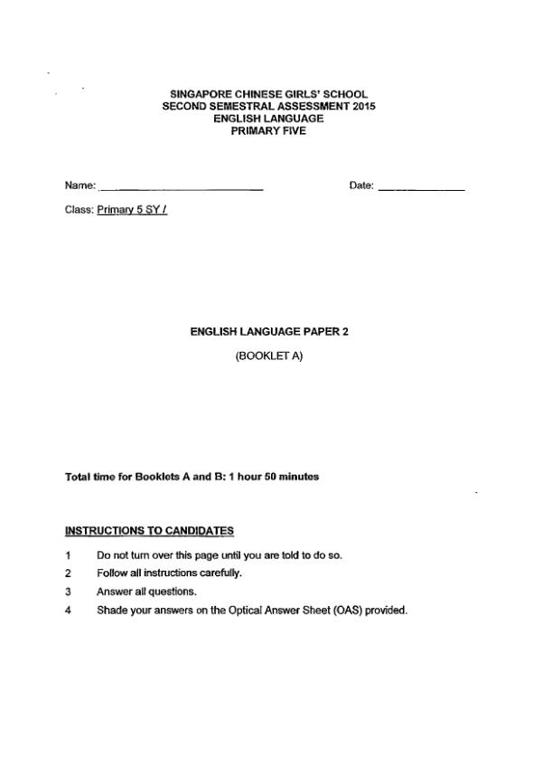 Singapore Chinese Girls P5 Eng SA2 2015 exam paper PDF preview