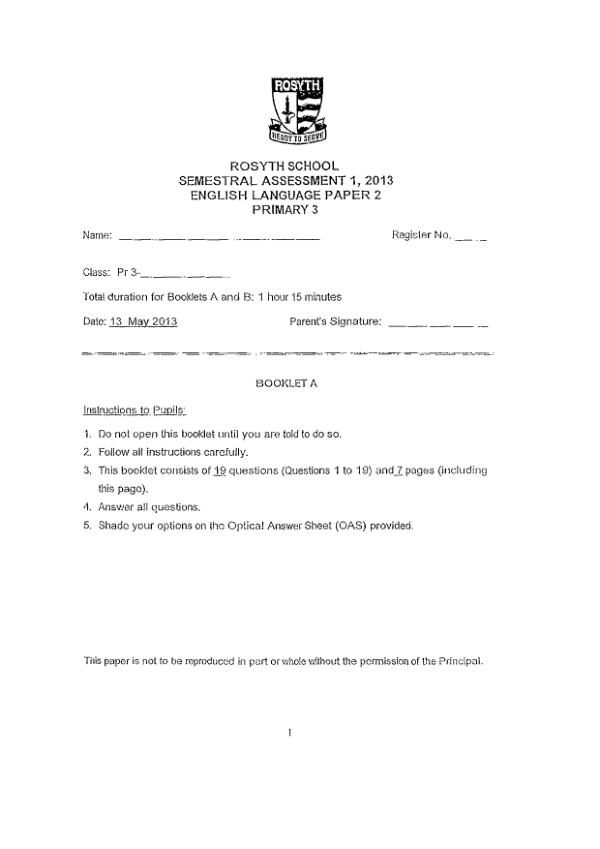 Rosyth P3 Eng WA2 2013 exam paper PDF first page preview