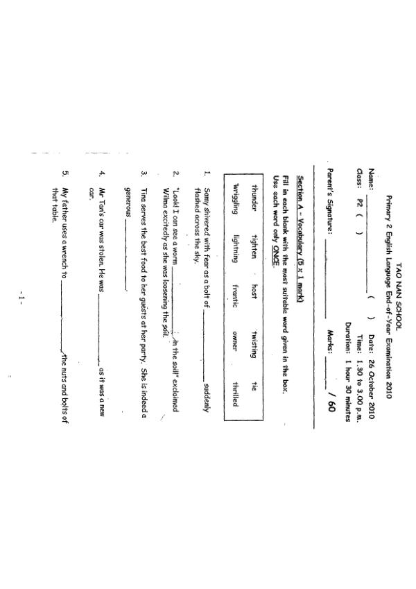 Tao Nan P2 Eng SA2 2010 exam paper PDF first page preview