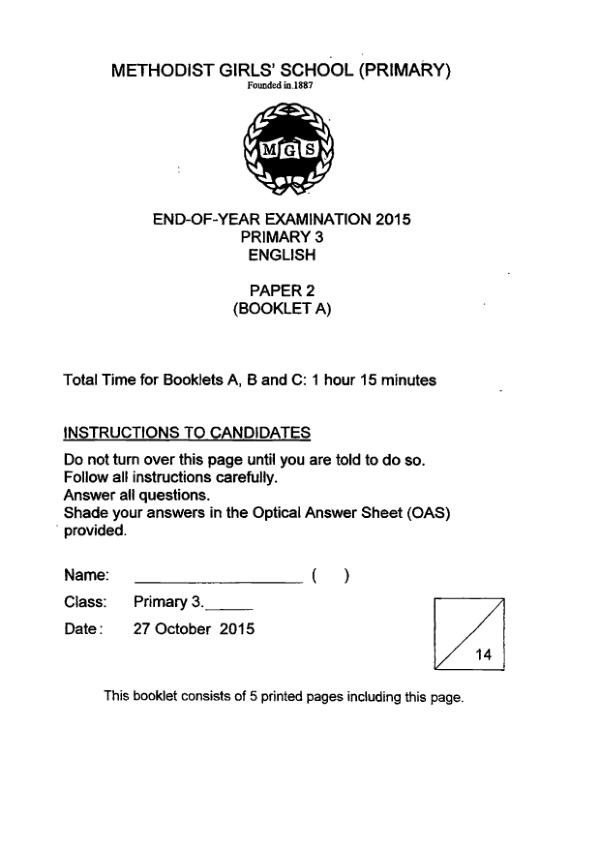 Methodist Girls P3 Eng SA2 2015 exam paper PDF first page preview