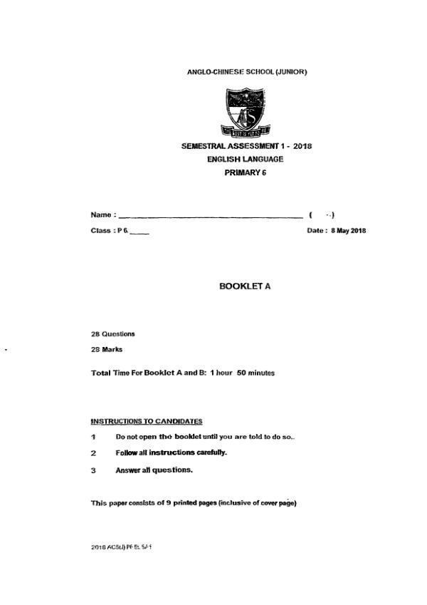 Anglo Chinese P6 Eng WA2 2018 exam paper PDF first page preview