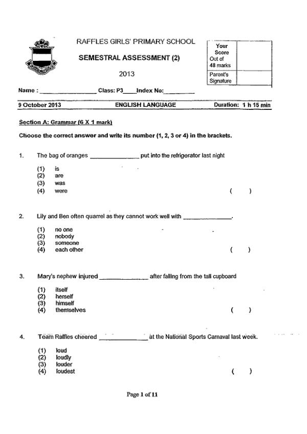 Raffles Girls P3 Eng SA2 2013 exam paper PDF first page preview