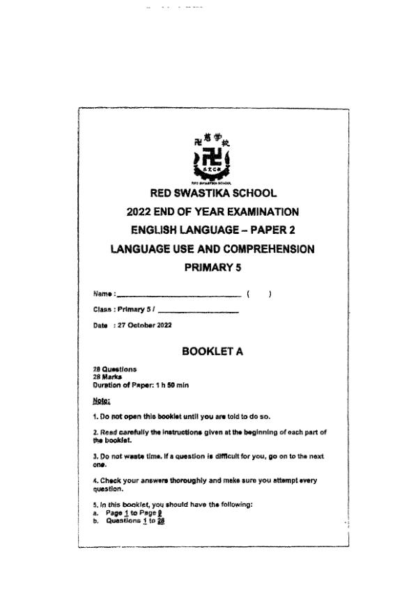 Red Swastika P5 Eng SA2 2022 exam paper PDF first page preview