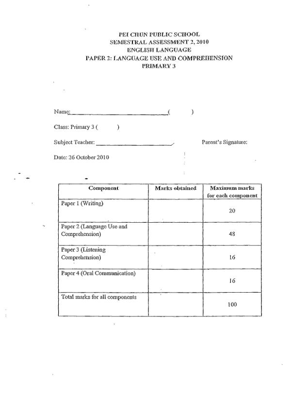 Pei Chun P3 Eng SA2 2010 exam paper PDF first page preview