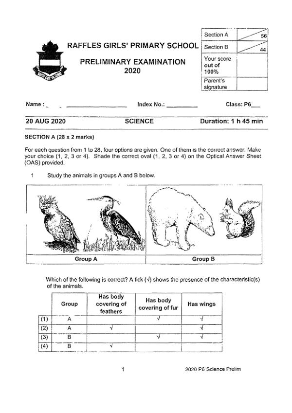 Raffles Girls P6 Sci SA2 2020 exam paper PDF preview