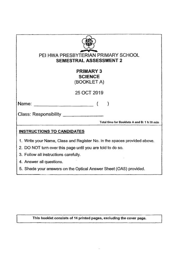 Pei Hwa P3 Sci SA2 2019 exam paper PDF first page preview