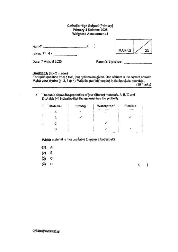 First page preview of P4 Sci 2025 WA3 — Catholic High