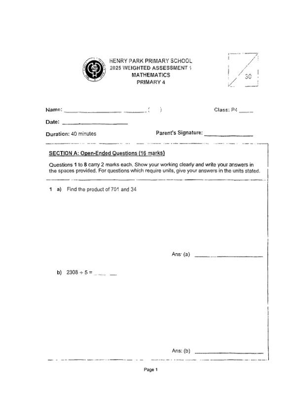First page preview of P4 Math 2025 WA1 — Henry Park
