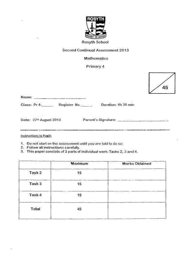 Rosyth P4 Math WA3 2013 exam paper PDF preview