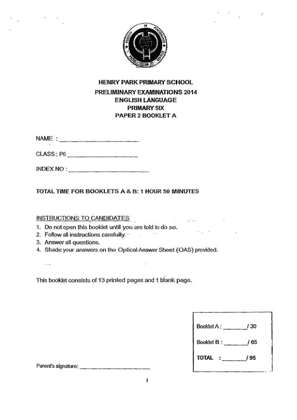 Henry Park P6 Eng SA2 2014 exam paper PDF first page preview