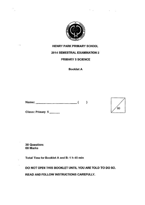 Henry Park P5 Sci SA2 2014 exam paper PDF first page preview