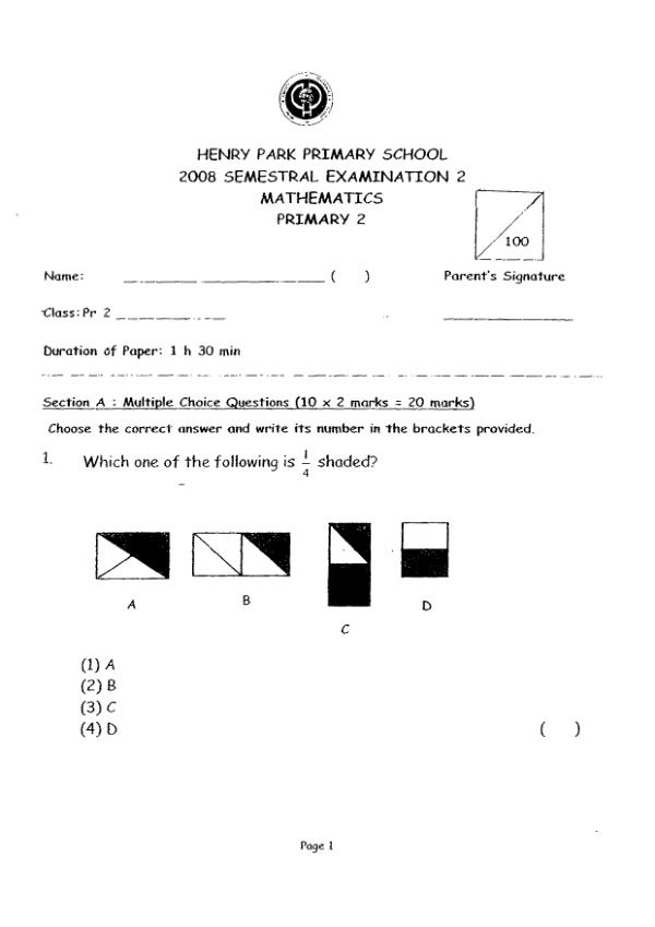 Henry Park P2 Math SA2 2008 exam paper PDF first page preview
