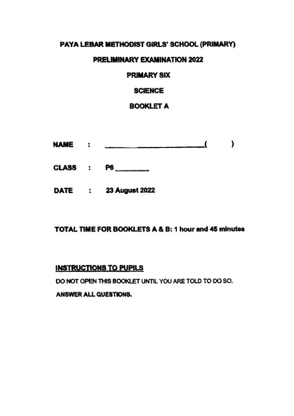 Methodist Girls P6 Sci SA2 2022 exam paper PDF preview