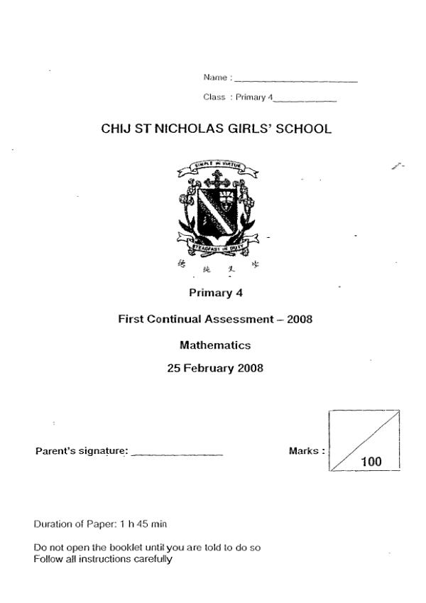 CHIJ P4 Math WA1 2008 exam paper PDF preview