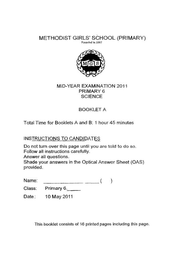 Methodist Girls P6 Sci WA2 2011 exam paper PDF preview