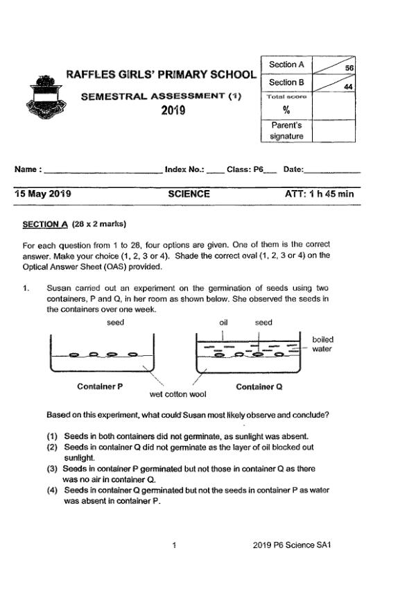 Raffles Girls P6 Sci WA2 2019 exam paper PDF first page preview