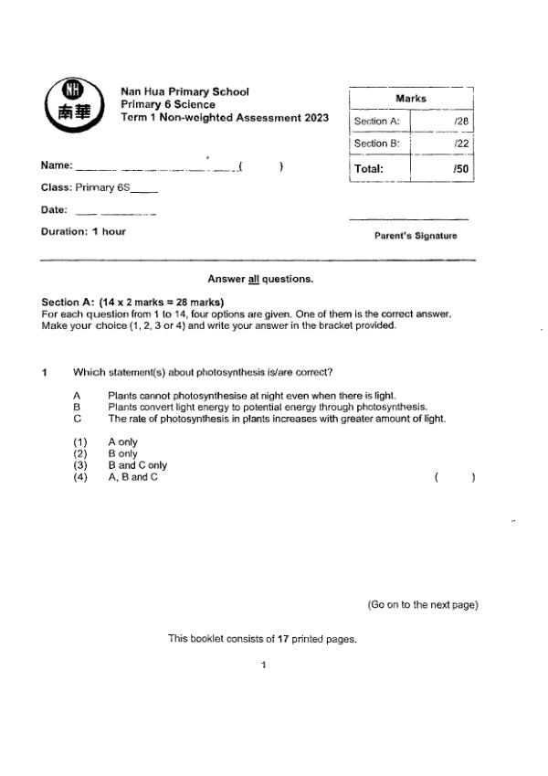 First page preview of P6 Sci 2023 WA1 — Nan Hua