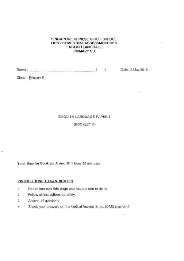 Singapore Chinese Girls P6 Eng WA2 2018 exam paper PDF first page preview