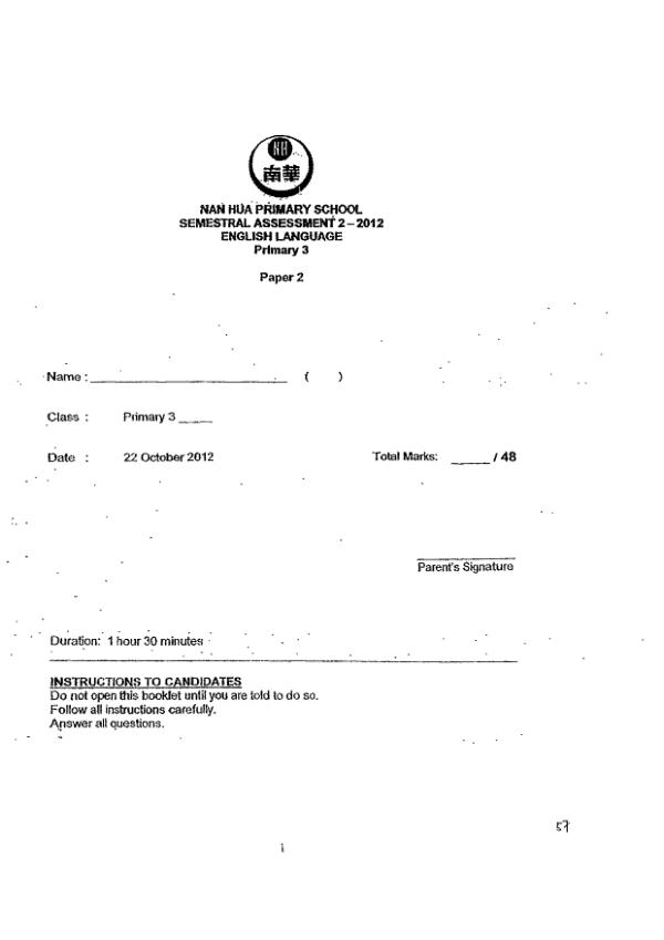 Nan Hua P3 Eng SA2 2012 exam paper PDF preview