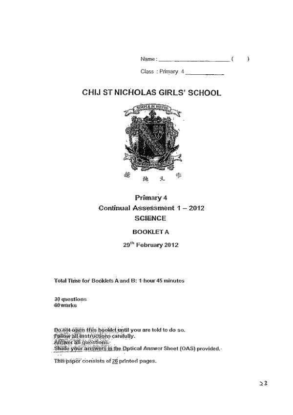 CHIJ P4 Sci WA1 2012 exam paper PDF preview