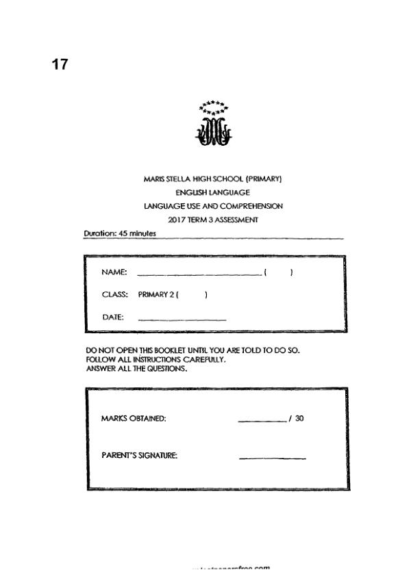 Maris Stella High P2 Eng WA3 2017 exam paper PDF first page preview