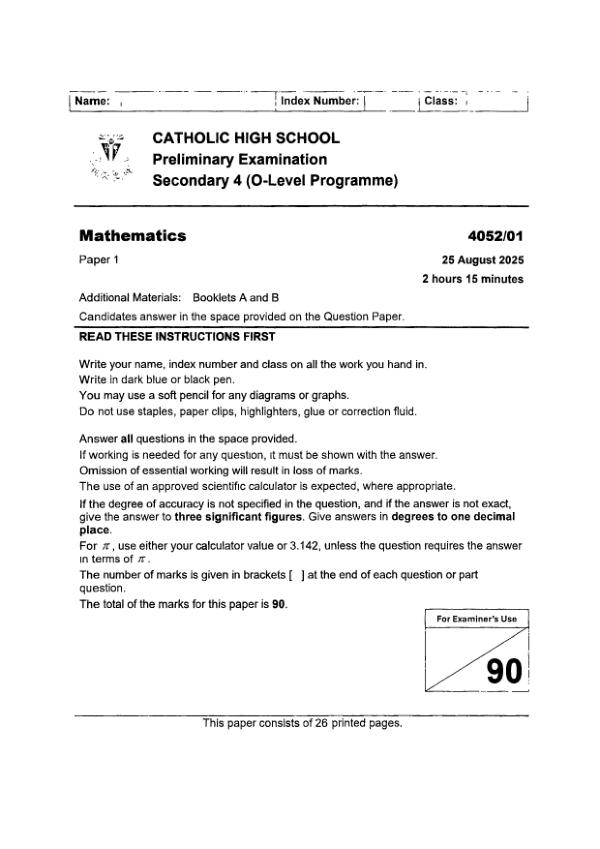 Catholic High Sec4 E_Maths Prelim 2025 exam paper PDF preview