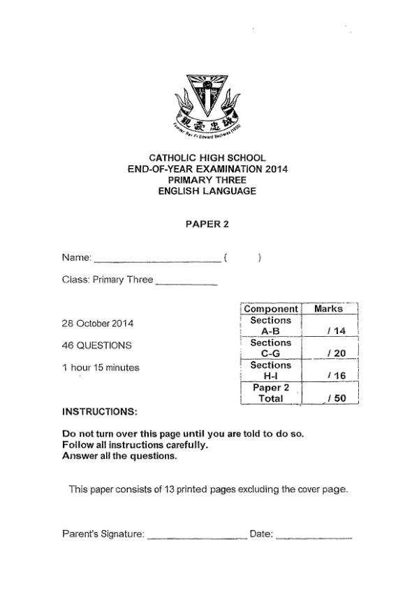 Catholic High P3 Eng SA2 2014 exam paper PDF first page preview
