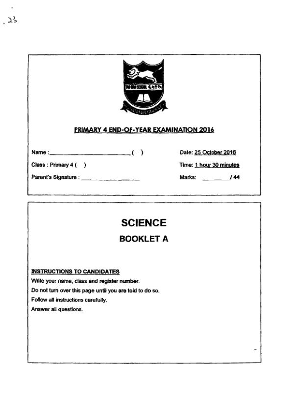 Tao Nan P4 Sci SA2 2016 exam paper PDF preview