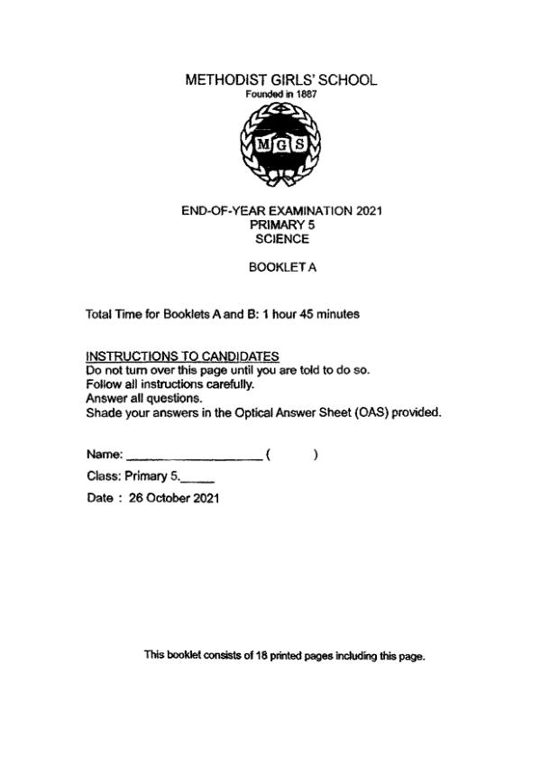 Methodist Girls P5 Sci SA2 2021 exam paper PDF first page preview