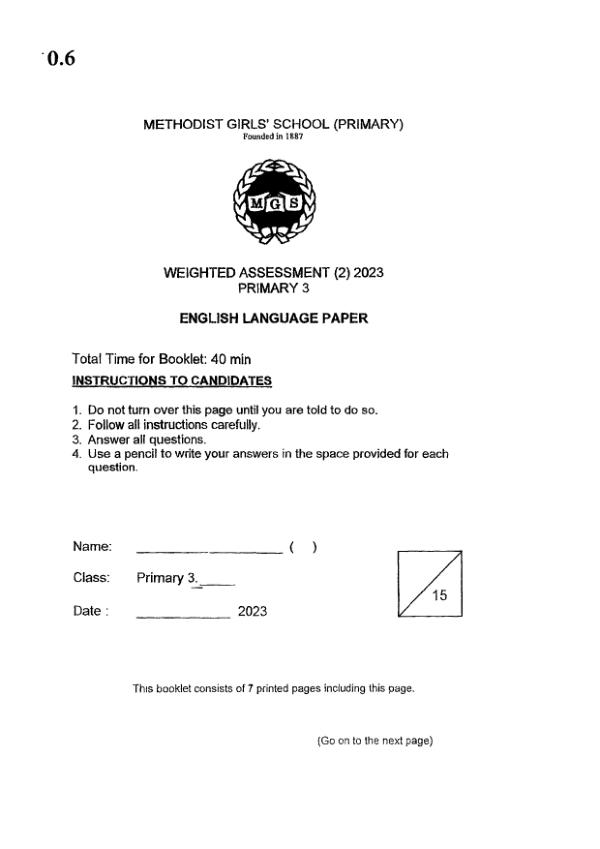 Methodist Girls P3 Eng SA2 2023 exam paper PDF first page preview