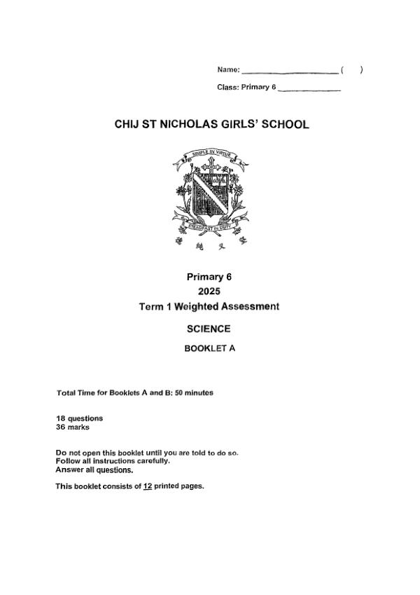 CHIJ P6 Sci WA1 2025 exam paper PDF first page preview