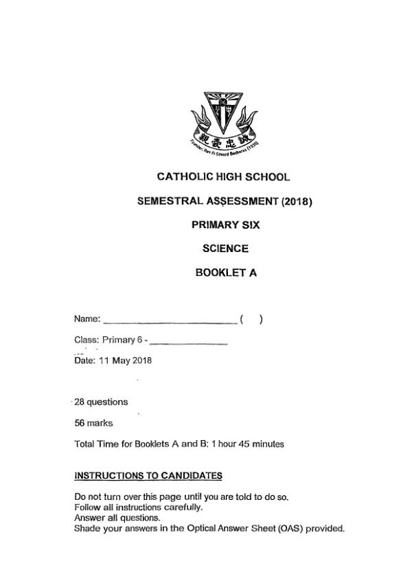Catholic High P6 Sci WA2 2018 exam paper PDF first page preview
