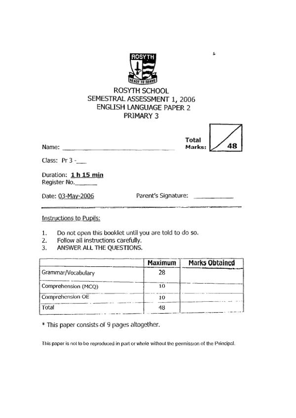 Rosyth P3 Eng WA2 2006 exam paper PDF preview