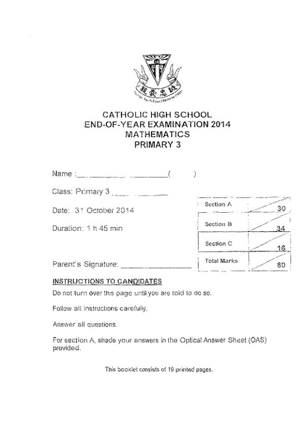 Catholic High P3 Math SA2 2014 exam paper PDF first page preview