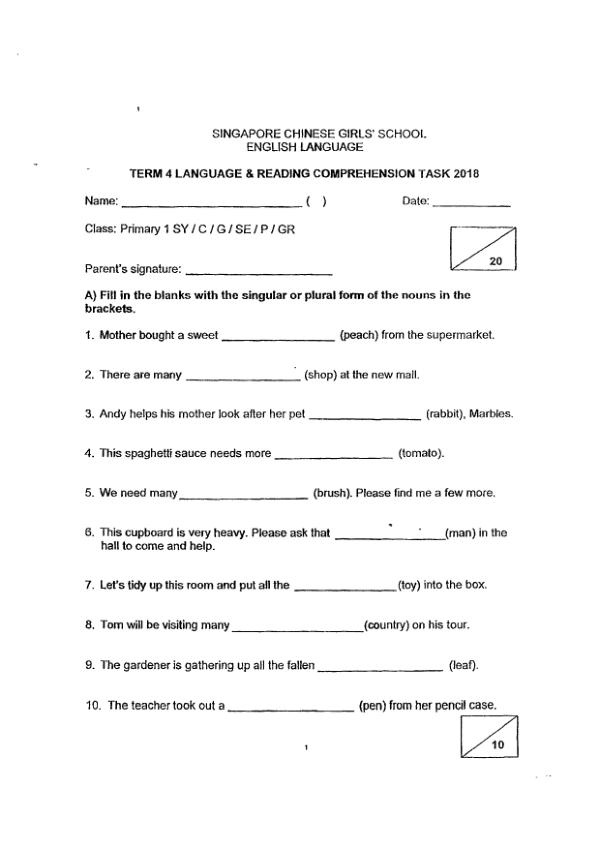 Singapore Chinese Girls P1 Eng WA2 2018 exam paper PDF first page preview