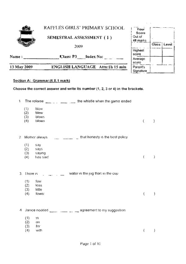 Raffles Girls P3 Eng WA2 2009 exam paper PDF first page preview