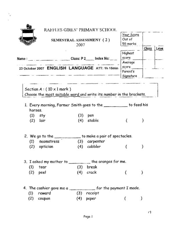 Raffles Girls P2 Eng SA2 2007 exam paper PDF preview