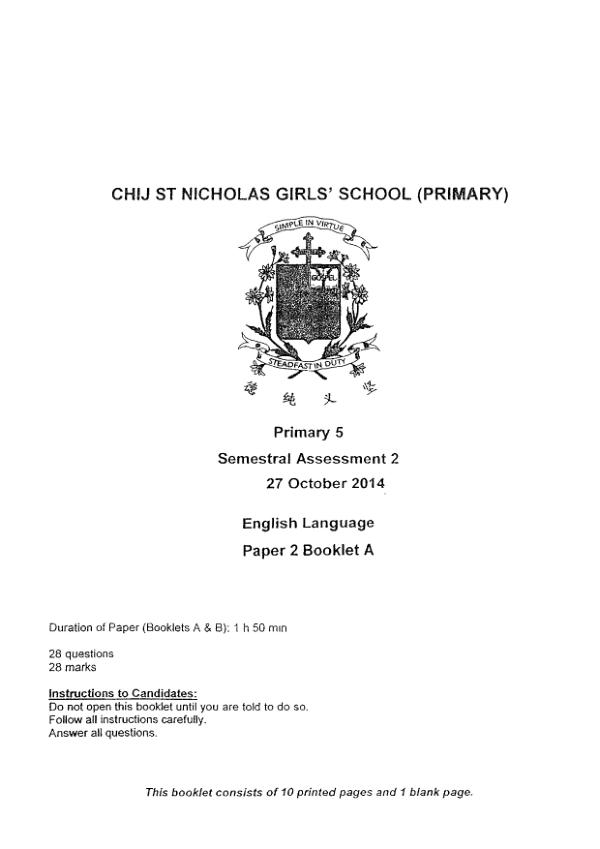 CHIJ P5 Eng SA2 2014 exam paper PDF first page preview