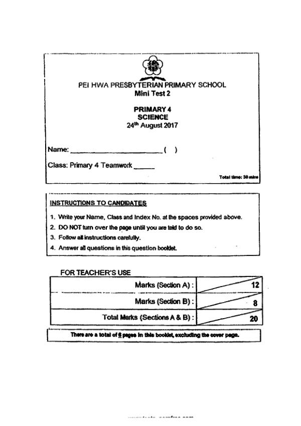 Pei Hwa P4 Sci WA3 2017 exam paper PDF preview