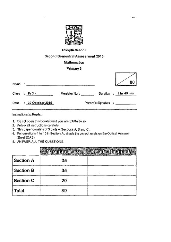 First page preview of P3 Math 2015 SA2 — Rosyth