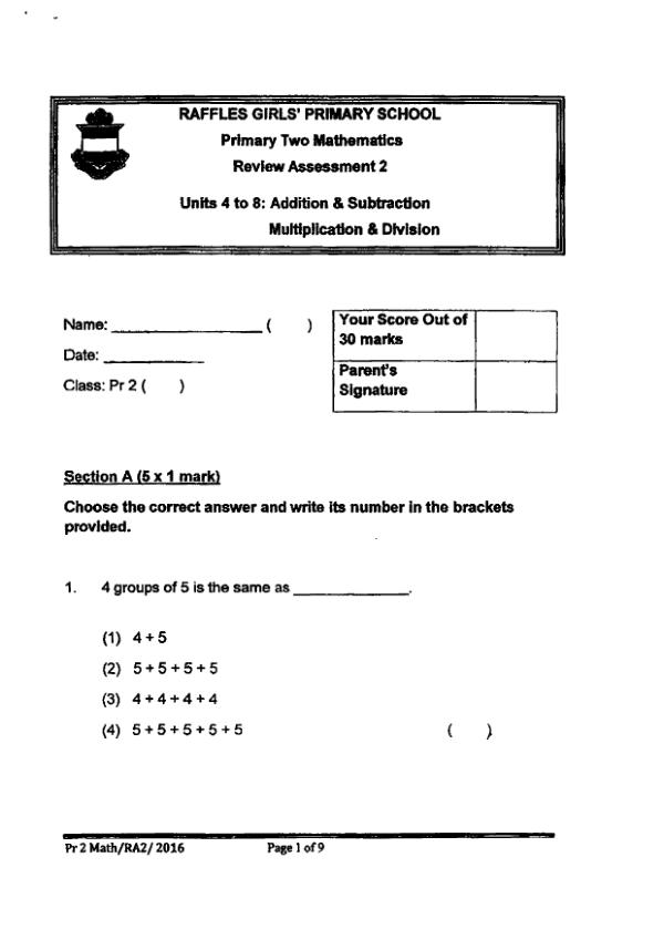 First page preview of P2 Math 2016 WA3 — Raffles Girls