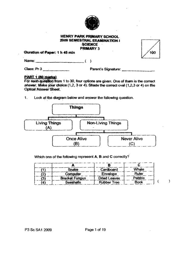 Henry Park P3 Sci WA2 2009 exam paper PDF preview